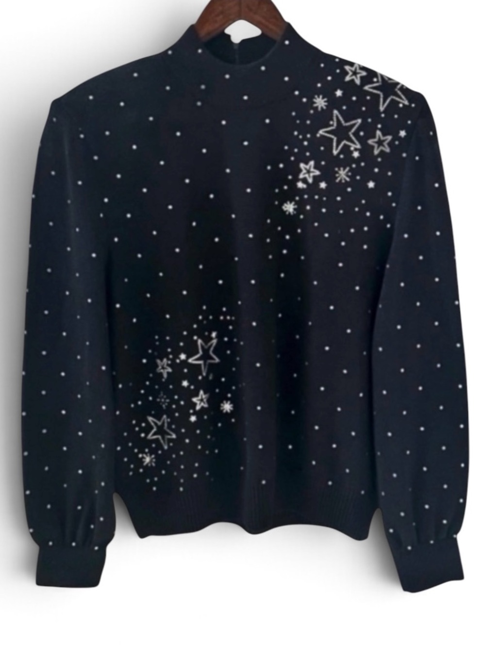 St John Evening Black Mock Neck Silver Crystal & Stud Constellation Knit Sweater